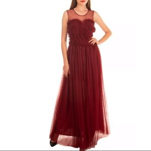 Parosh wine red frill tulle maxi gown